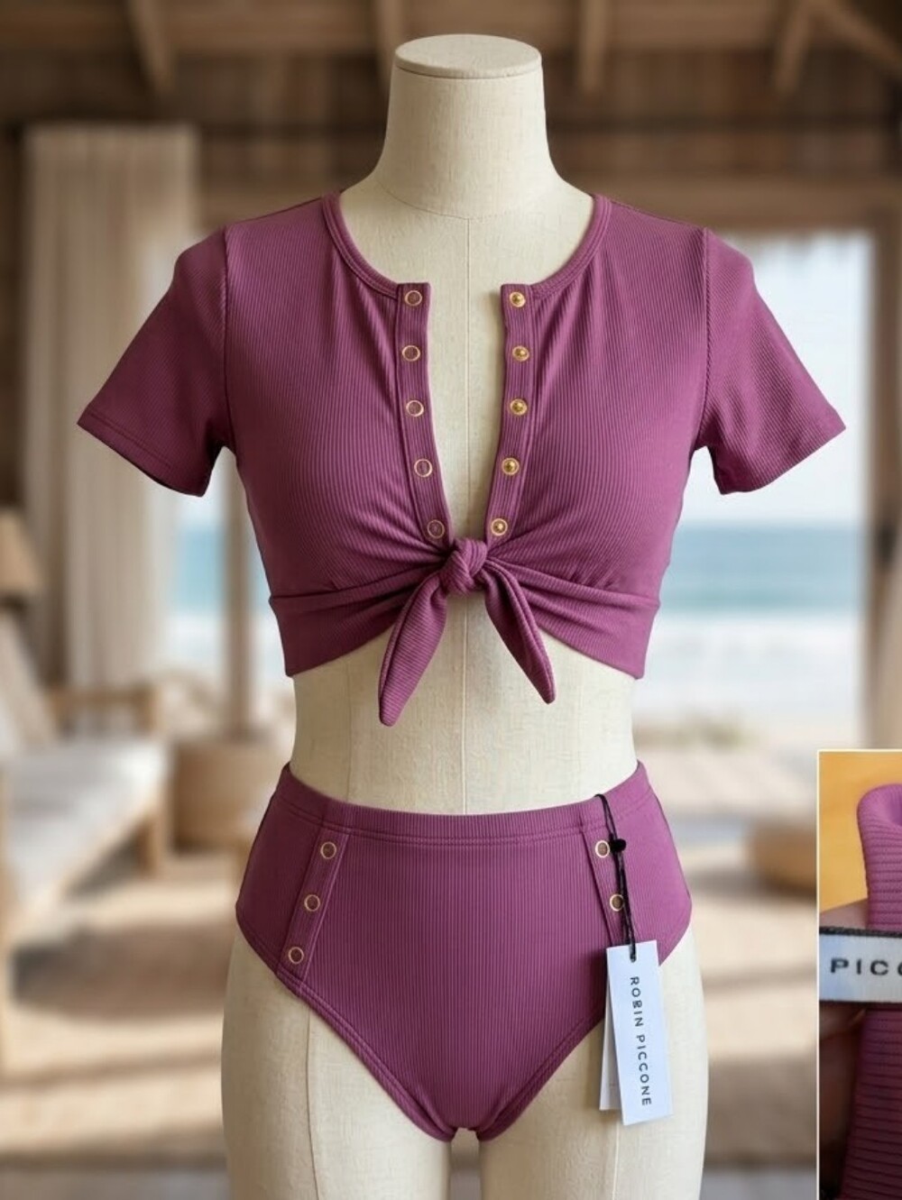 NWT Robin Piccone Ribbed High-Waist Bikini Set Tie Front Crop Top Lotus